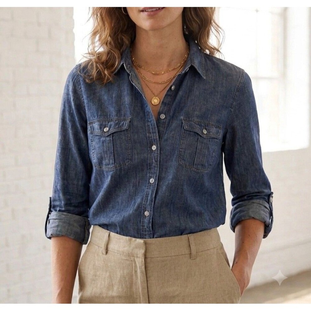 J Crew Size 14T Tall Chambray Blouse Blue Denim Cotton Roll Tab Sleeve Utility